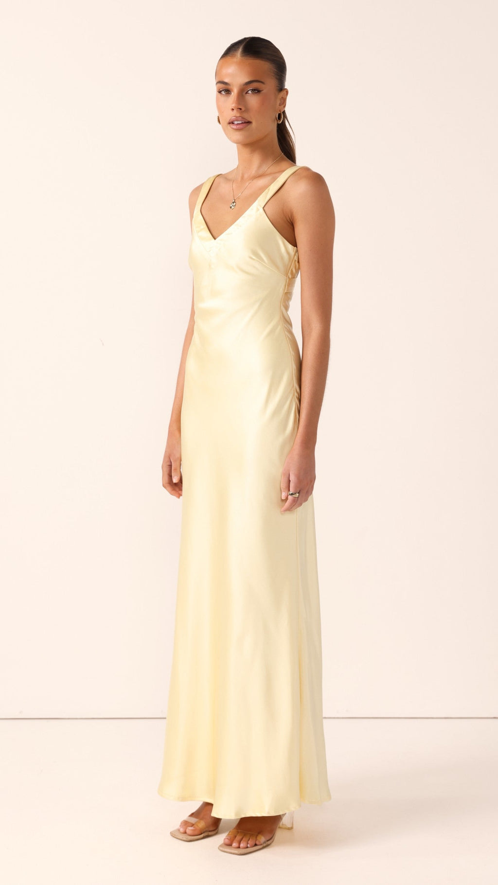 Vestido largo satinado con escote en V para mujer - Alondra
