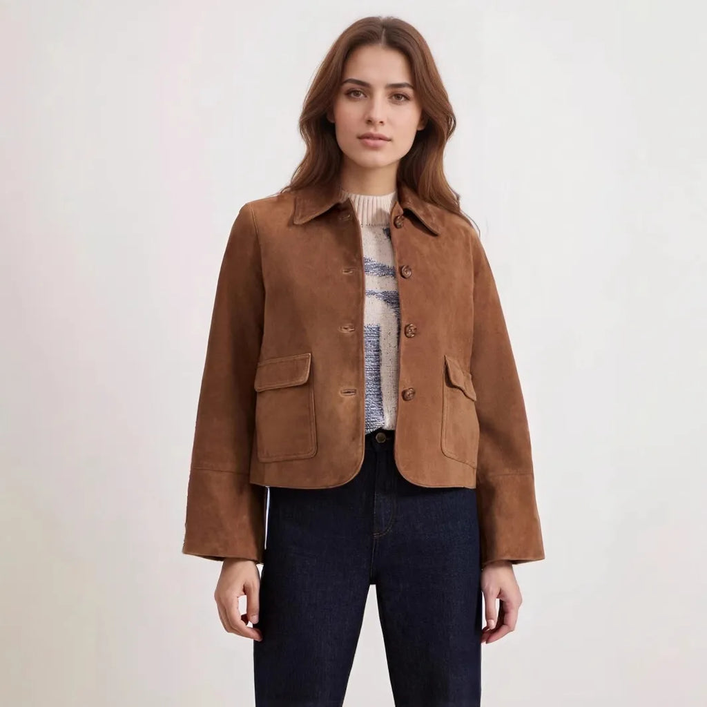 Chaqueta corta de ante con bolsillos frontales para mujer - Alenor
