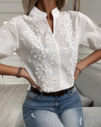 Diana - Blusa femenina de encaje con escote alto y escote en V