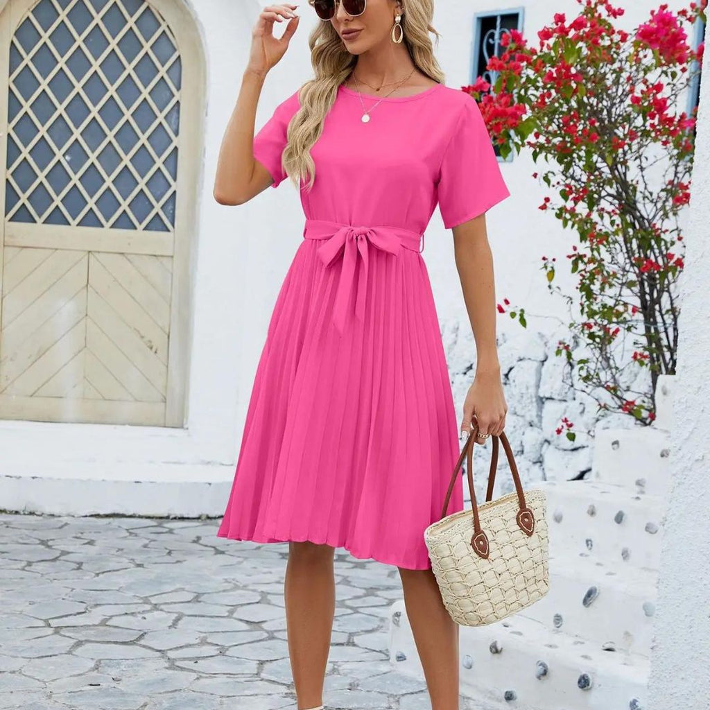 Isabella - Vestido midi plisado clásico con lazo en la cintura