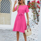 Isabella - Vestido midi plisado clásico con lazo en la cintura