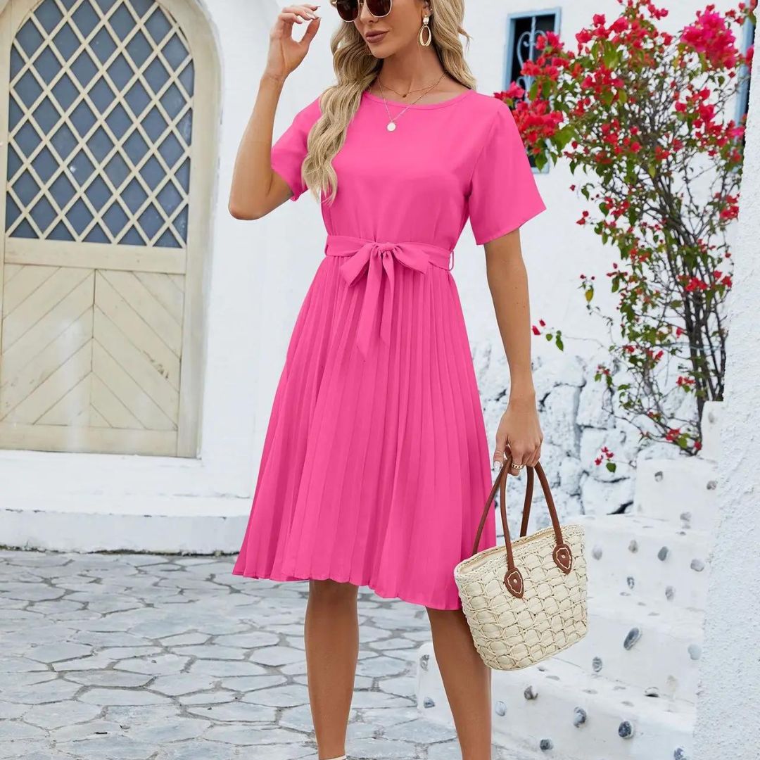 Isabella - Vestido midi plisado clásico con lazo en la cintura