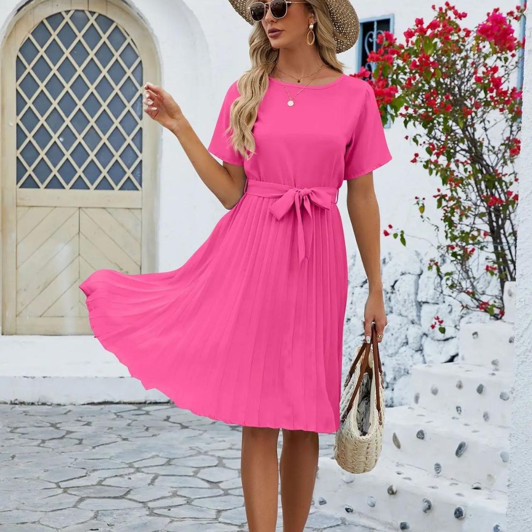 Isabella - Vestido midi plisado clásico con lazo en la cintura
