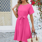 Isabella - Vestido midi plisado clásico con lazo en la cintura