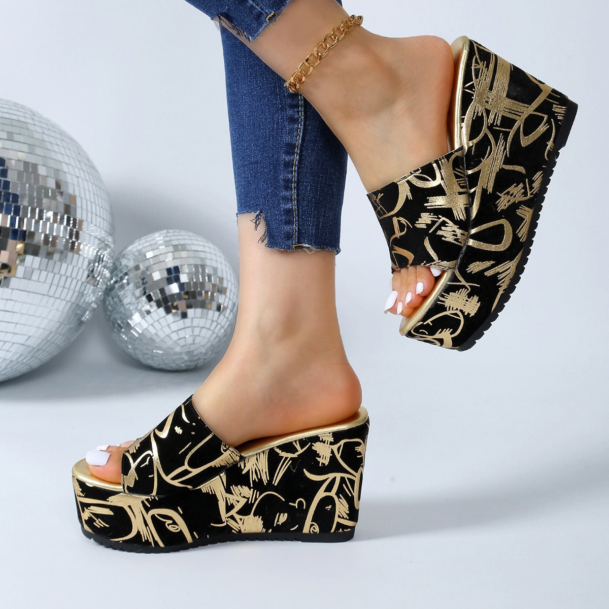 Sandalias para mujer de plataforma estampado con gráfico estilo cuña abierta - Abril
