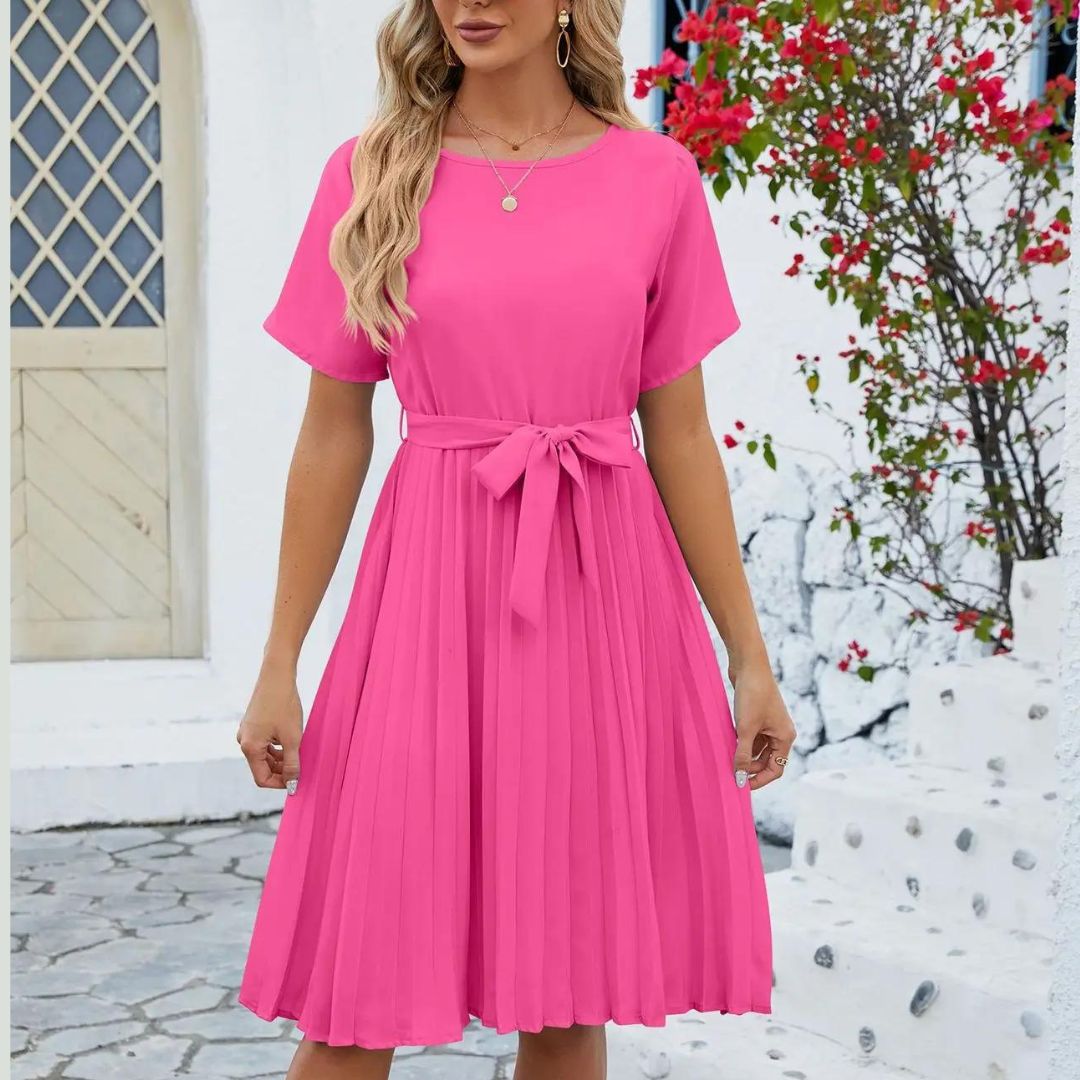 Isabella - Vestido midi plisado clásico con lazo en la cintura