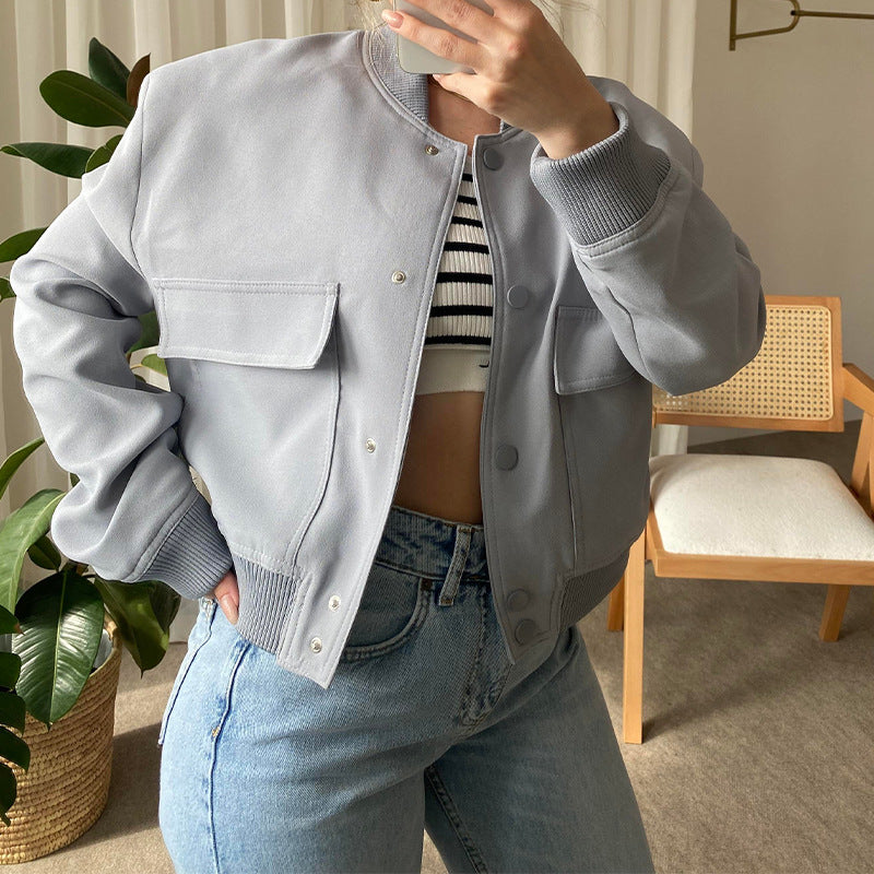Tara - Chaqueta corta de mujer con cuello alto y grandes bolsillos