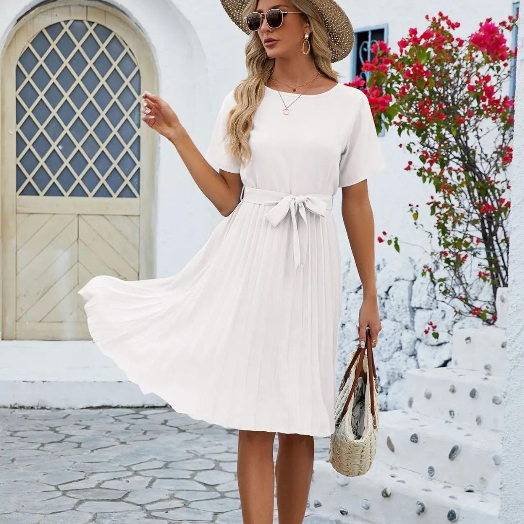 Isabella - Vestido midi plisado clásico con lazo en la cintura