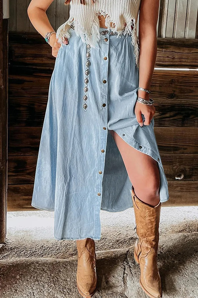 Falda larga mujer botones frontales azul denim - Mairena