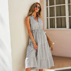 Vestido midi mujer sin mangas estilo camisero a rayas - Estela