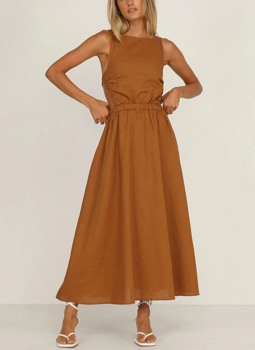 Vestido midi mujer con aberturas laterales algodón lino - Camila