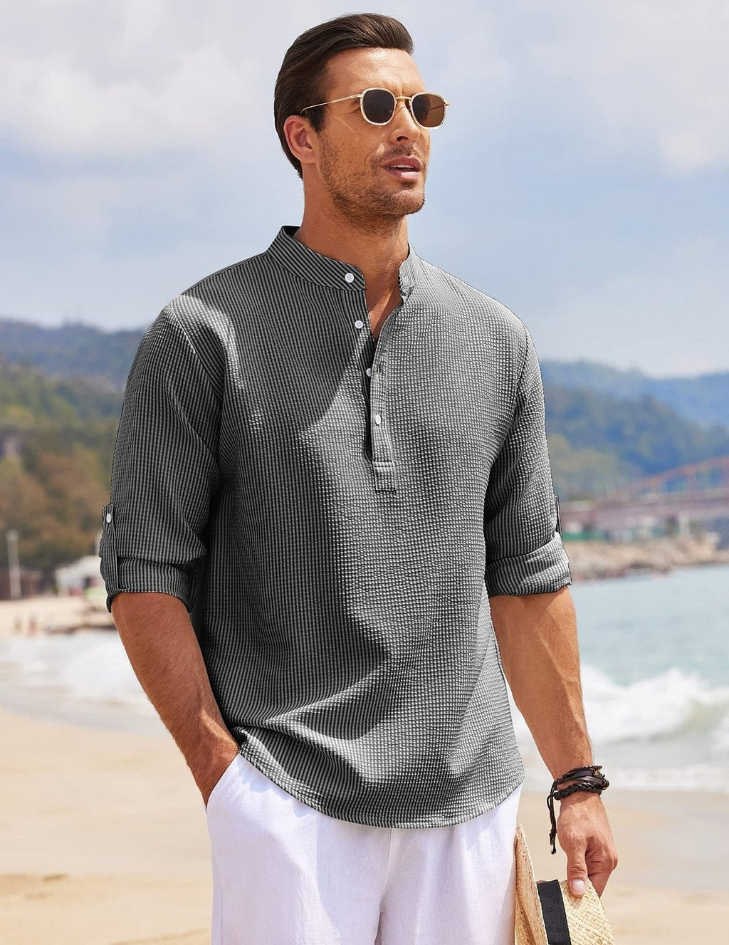 Camisa para hombre cuello mao algodón ligero estilo casual - Adrián