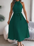 Vestido midi para mujer plisado sin mangas con cuello halter - Camila