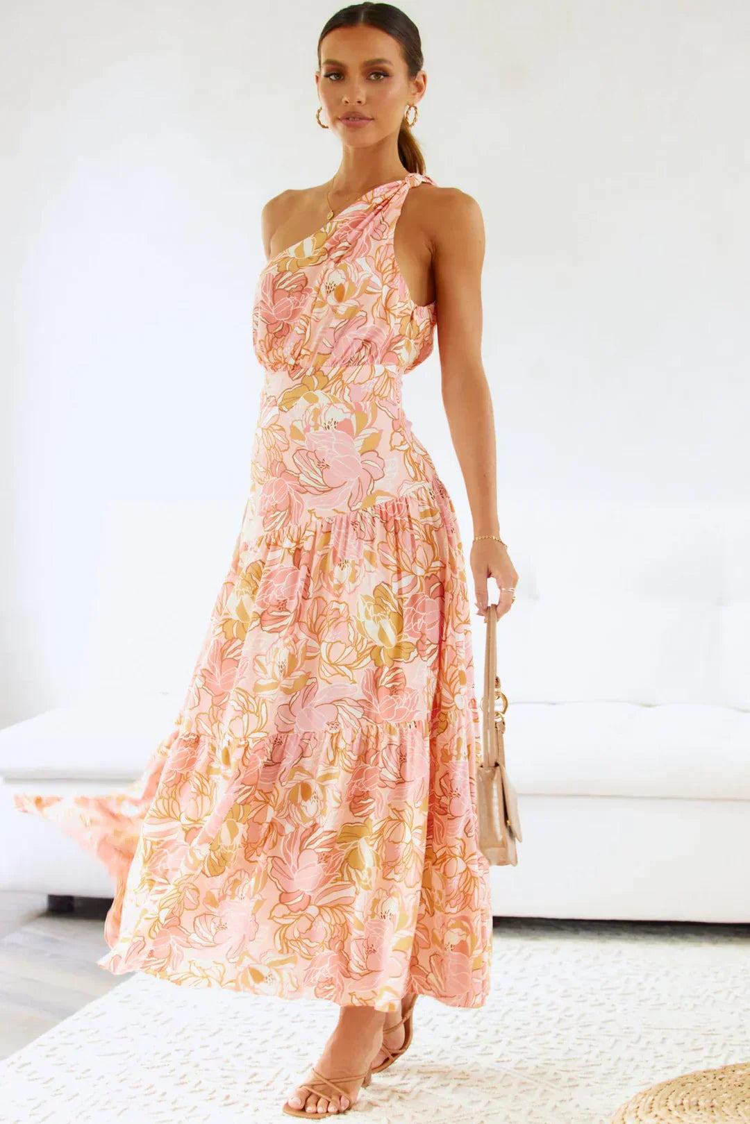 Cory - Vestido de un solo hombro con estampado floral