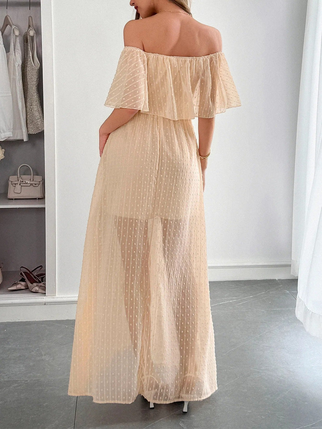 Vestido largo mujer gasa plumeti escote bardot - Julieta