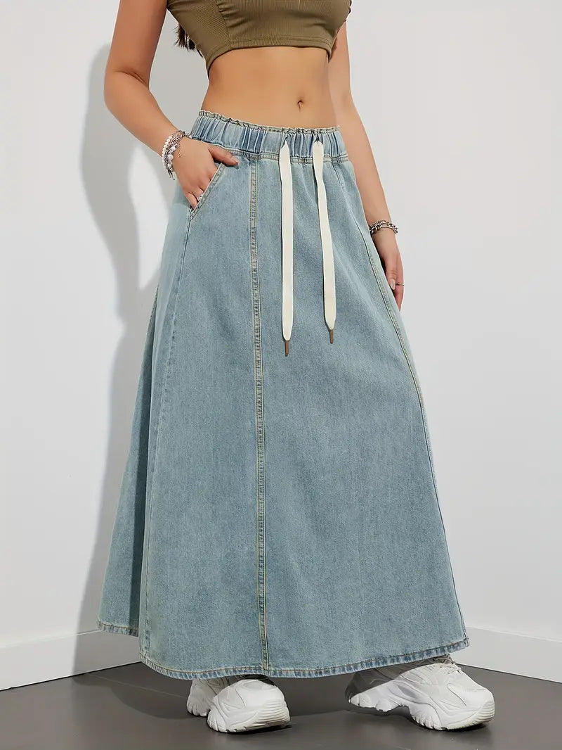 Falda vaquera larga con cordón ajustable, cómoda y versátil perfecta para un look casual y trendy