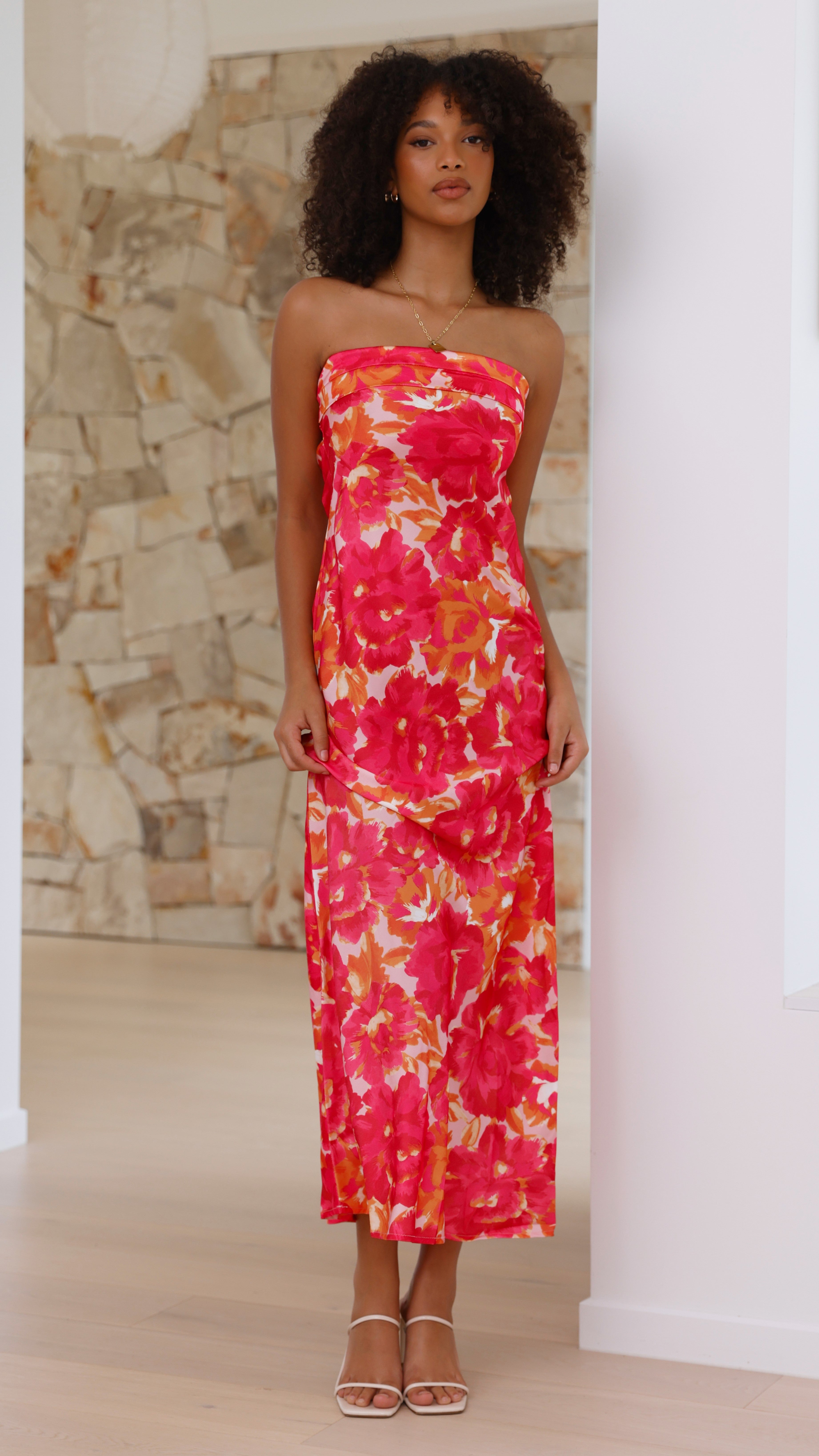 Vestido largo floral sin tirantes para mujer - Kaia