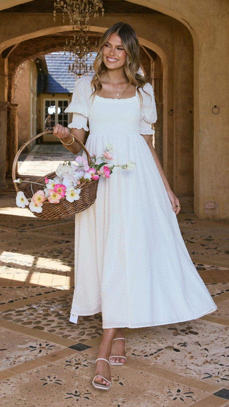 Vestido midi blanco con hombros descubiertos para mujer - Renata