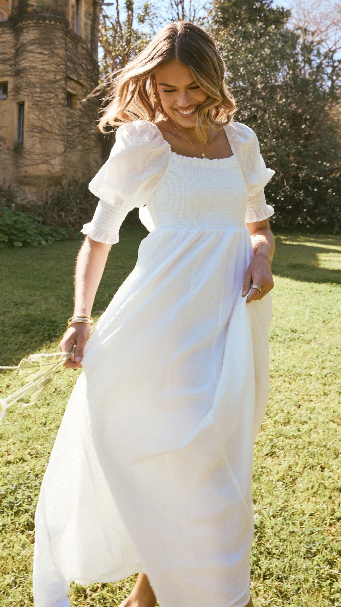 Vestido midi blanco con hombros descubiertos para mujer - Renata