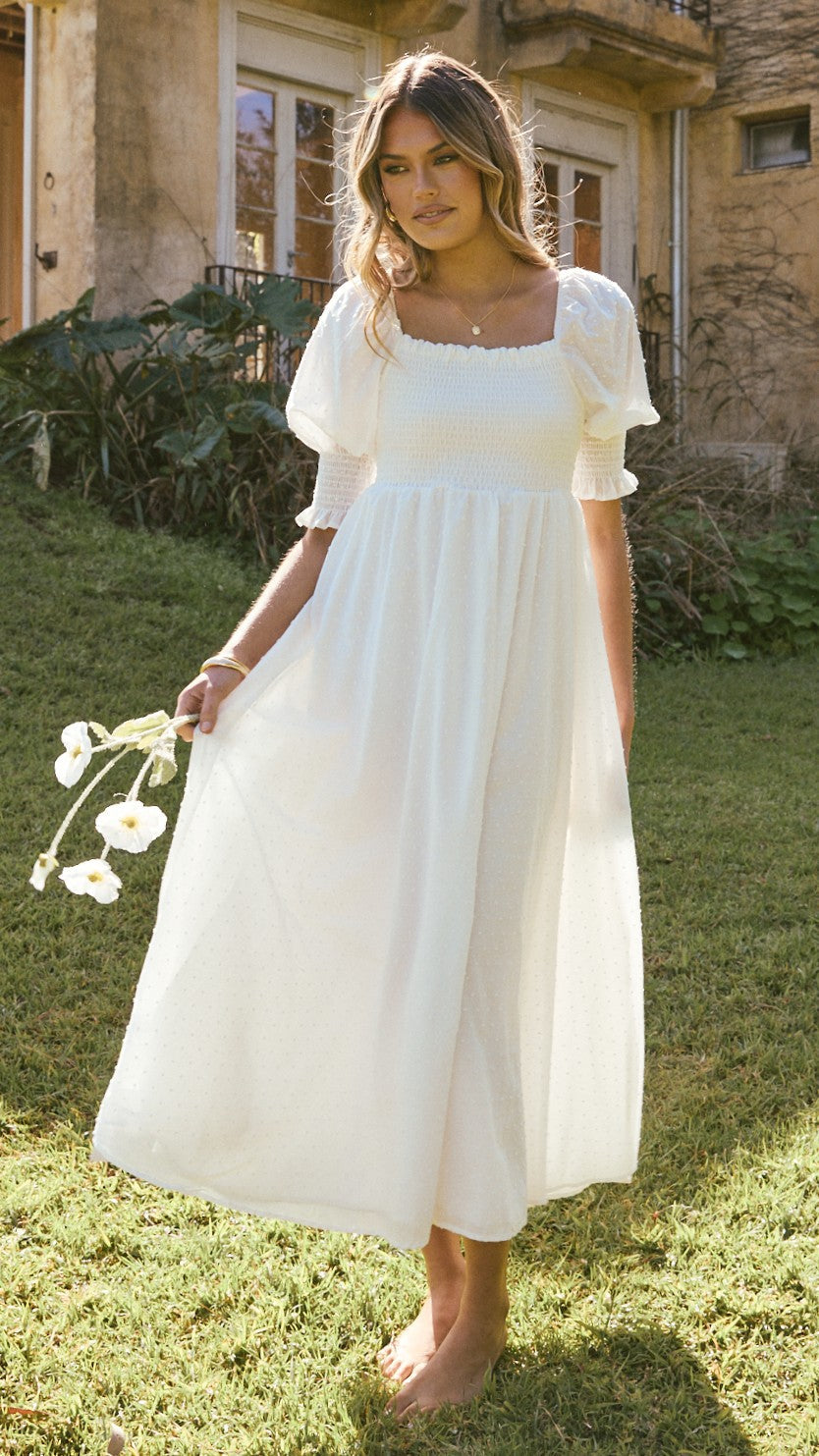 Vestido midi blanco con hombros descubiertos para mujer - Renata