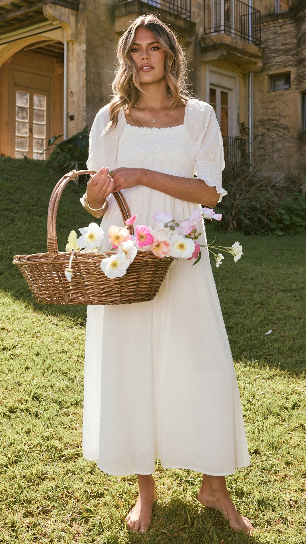 Vestido midi blanco con hombros descubiertos para mujer - Renata