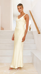 Vestido largo satinado con escote en V para mujer - Alondra