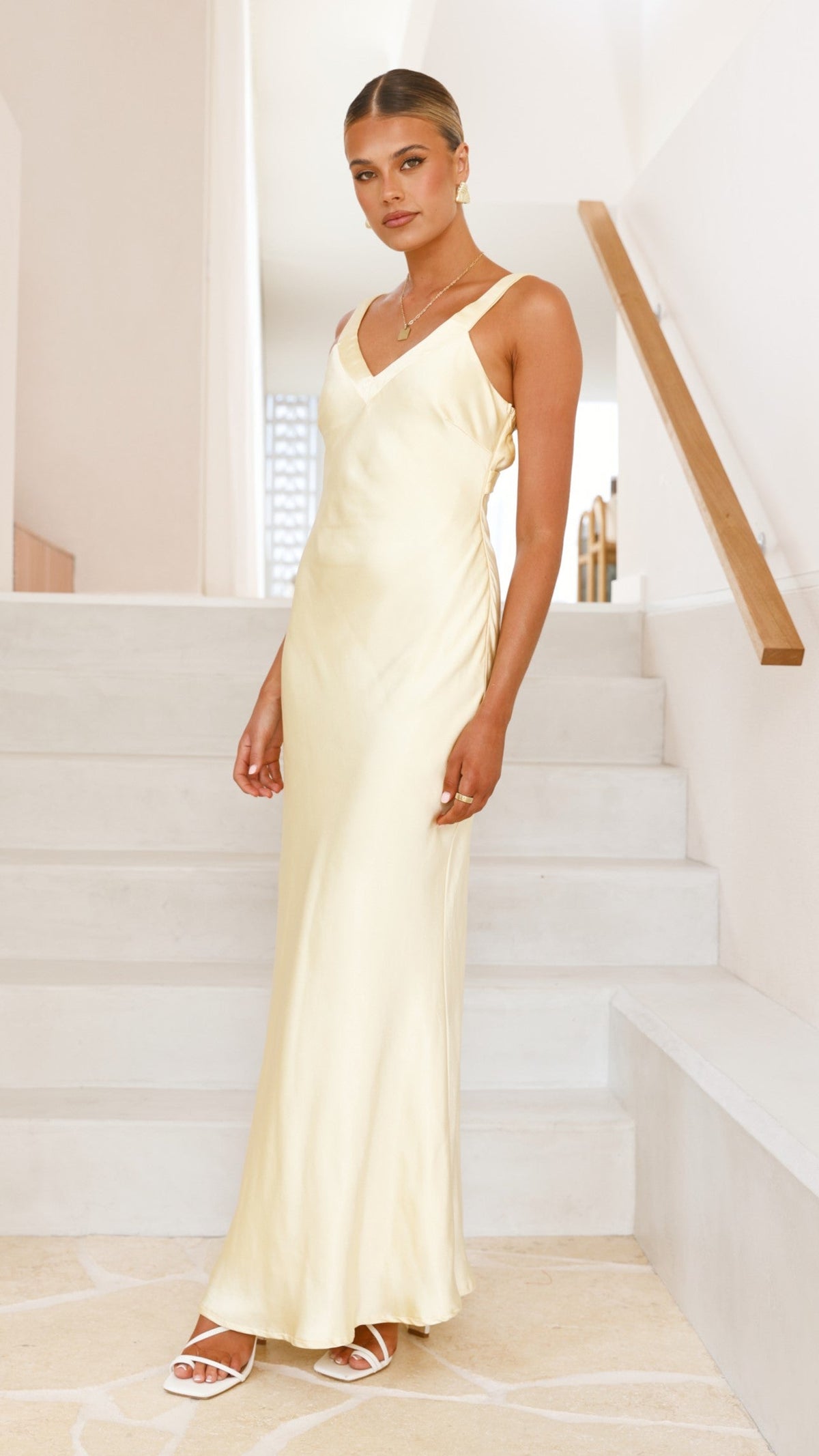 Vestido largo satinado con escote en V para mujer - Alondra