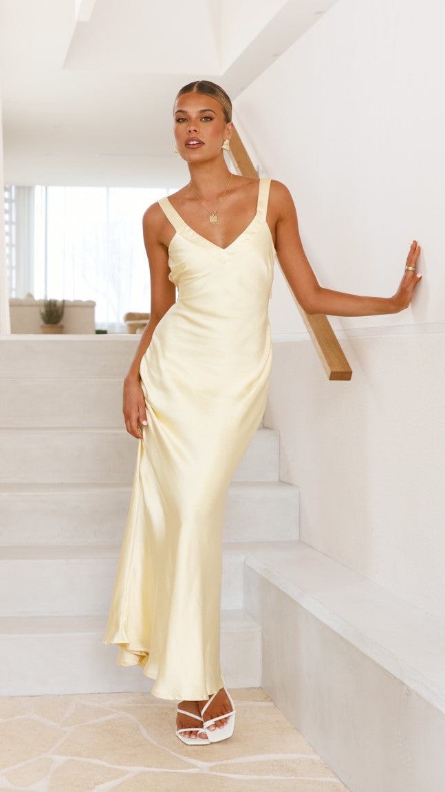 Vestido largo satinado con escote en V para mujer - Alondra