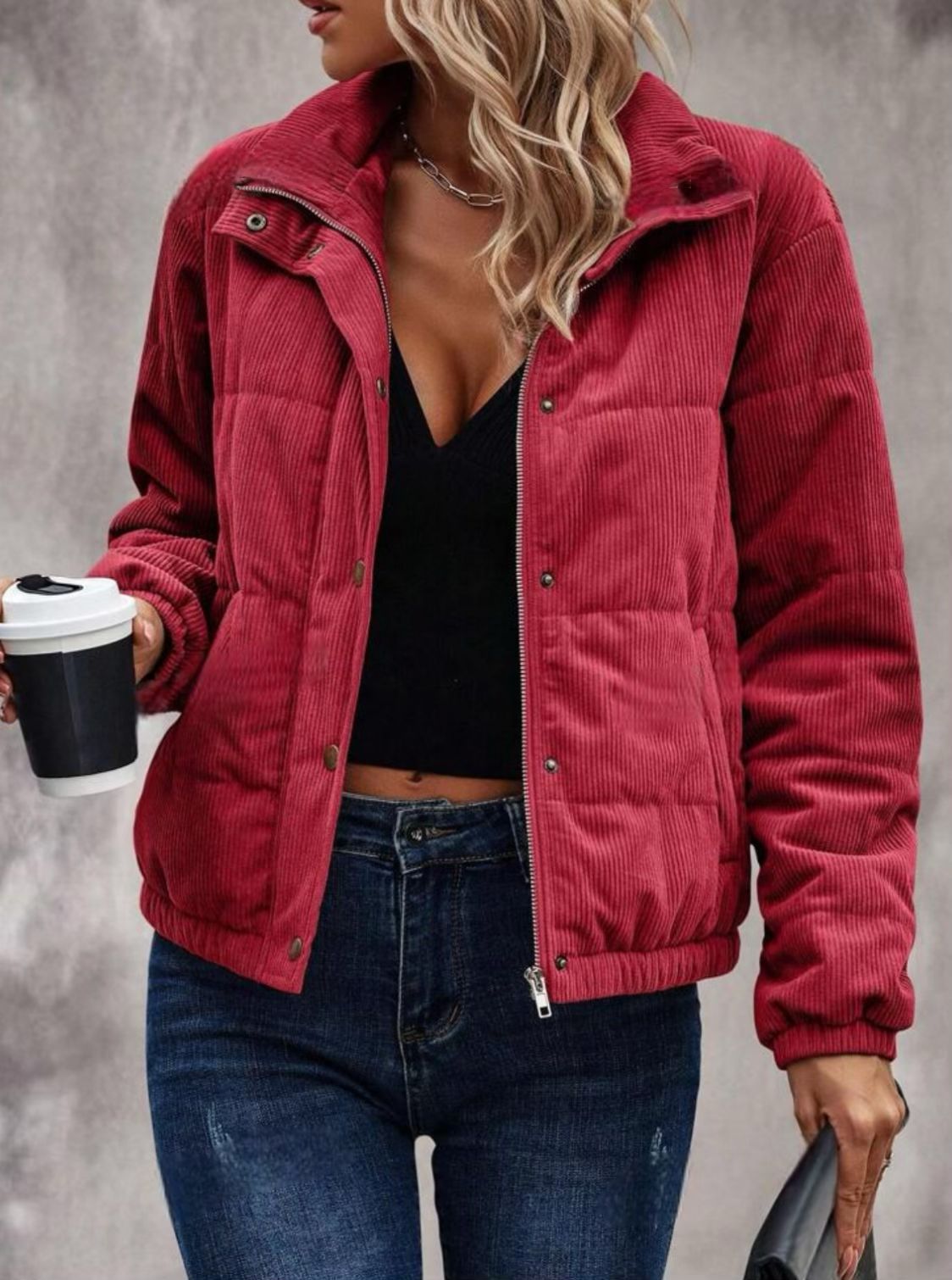 Chaqueta corta acolchada cuello alto para mujer textura acanalada - Svala