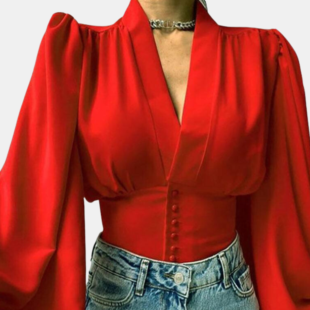 Alondra - Blusa de moda con mangas abullonadas y escote en V