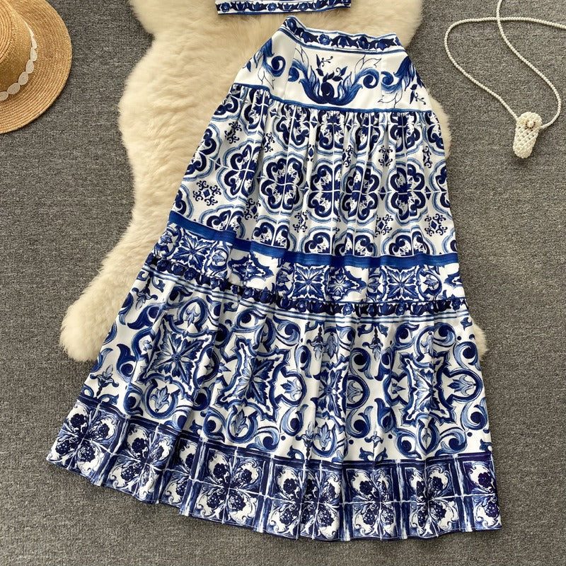 Conjunto de dos piezas para mujer con estampado barroco satinado estilo veraniego - Eleonora
