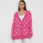 Cárdigan femenino de punto con botones y estampado de corazones - Leeni