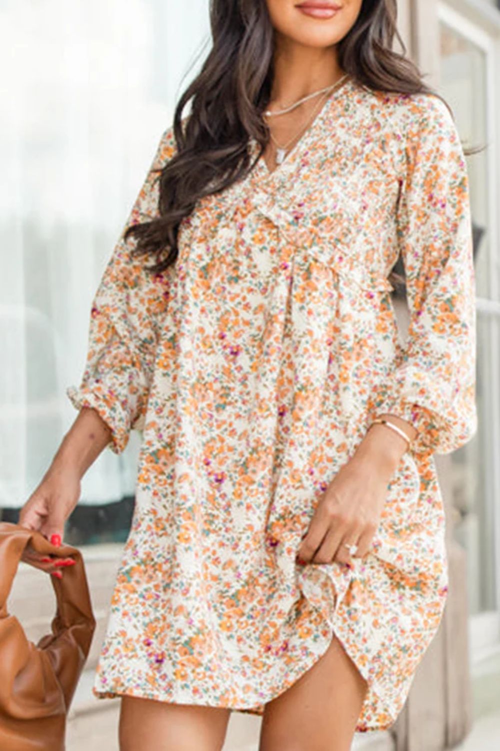 Arielle - Minivestido estampado con escote en V y mangas globo