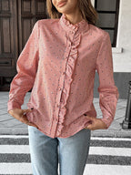 Blusa mujer manga larga con volantes y cuello alto - Lorena