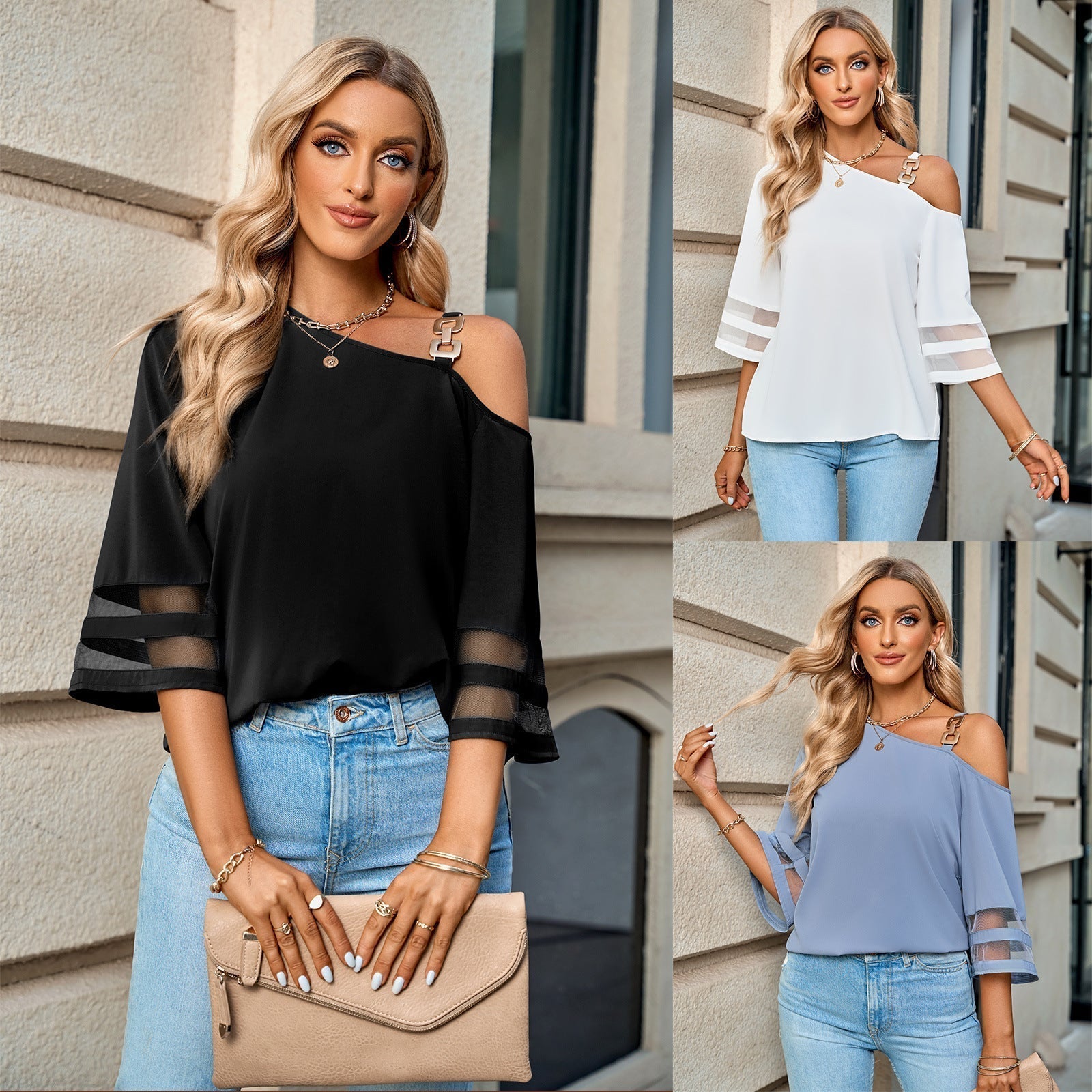 Leandra - Top casual monocolor sin hombros para mujer