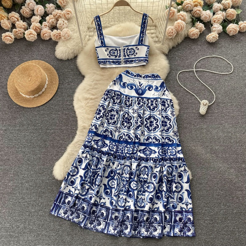 Conjunto de dos piezas para mujer con estampado barroco satinado estilo veraniego - Eleonora