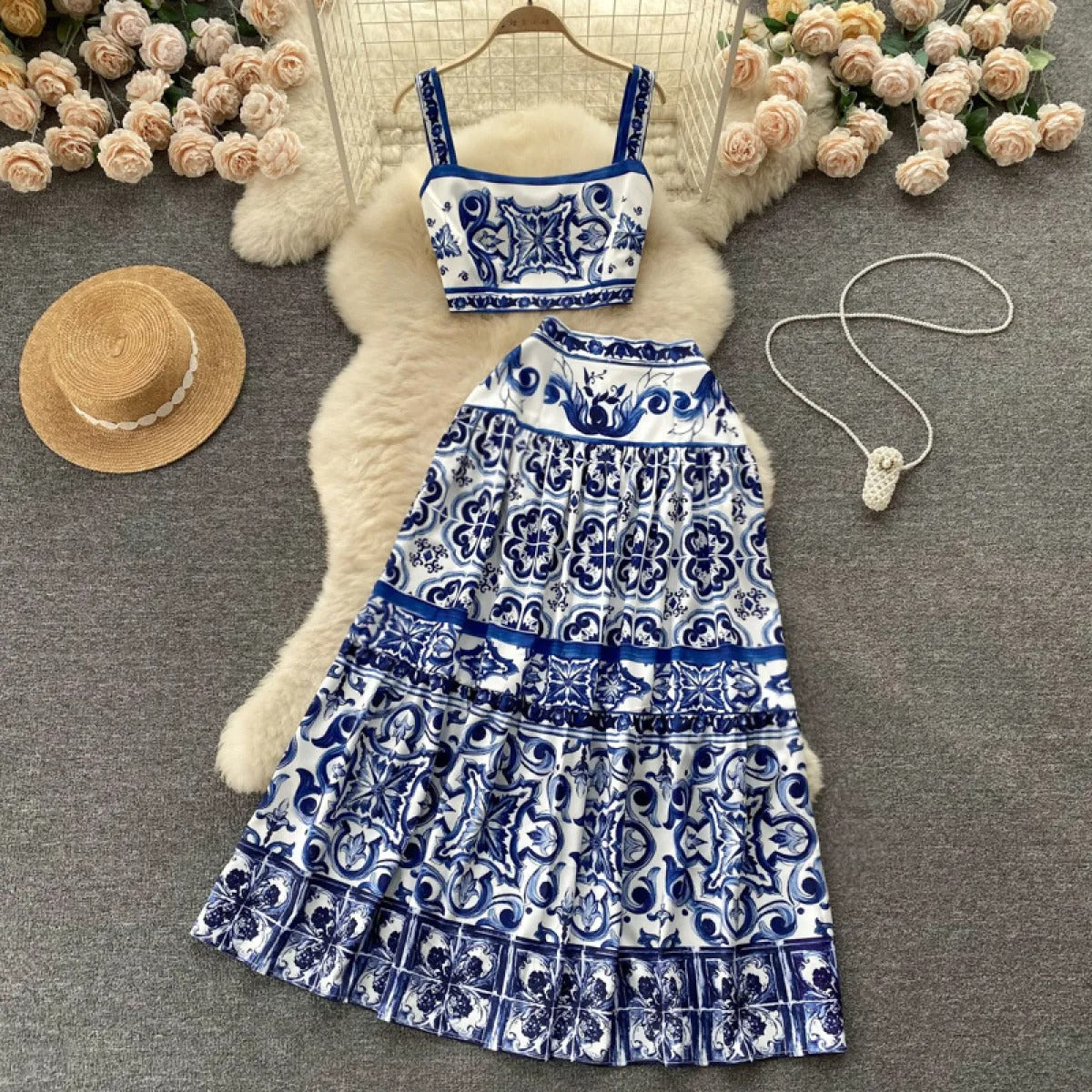 Conjunto de dos piezas para mujer con estampado barroco satinado estilo veraniego - Eleonora