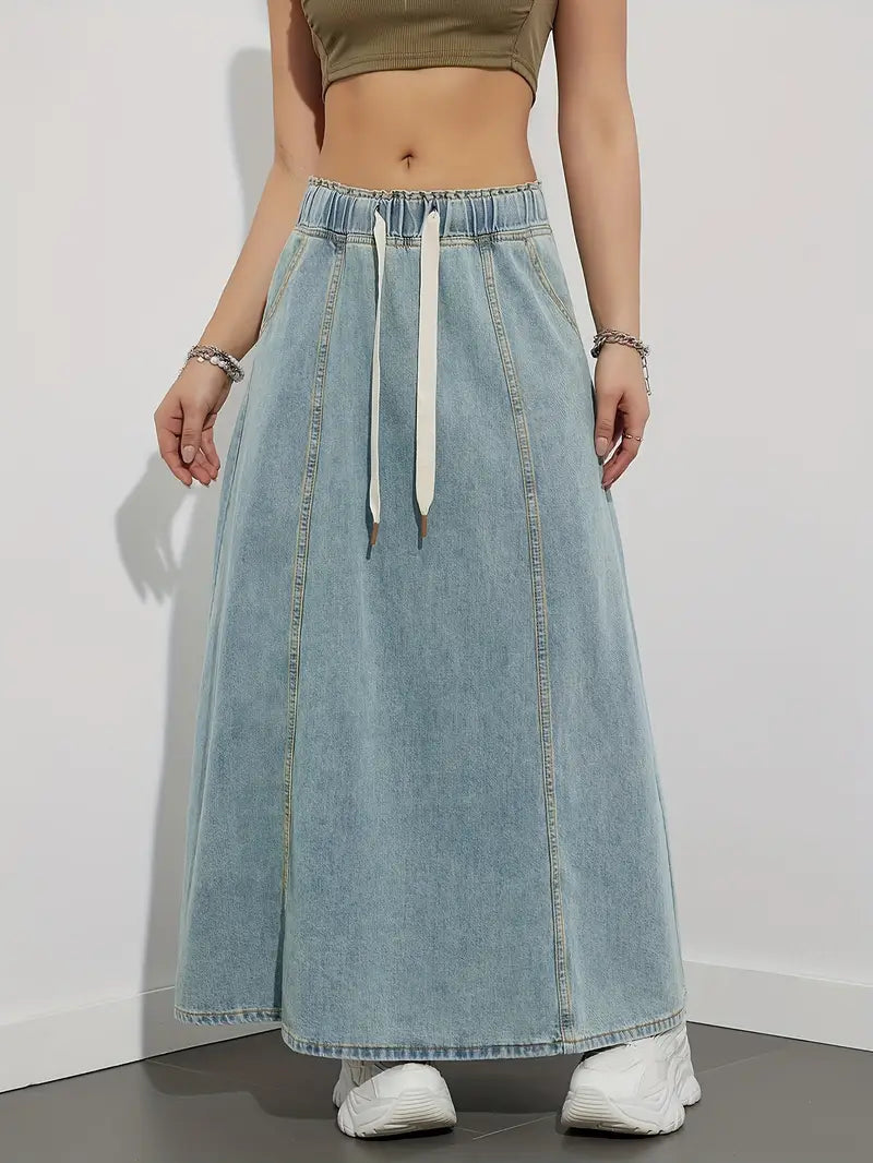 Falda vaquera larga con cordón ajustable, cómoda y versátil perfecta para un look casual y trendy