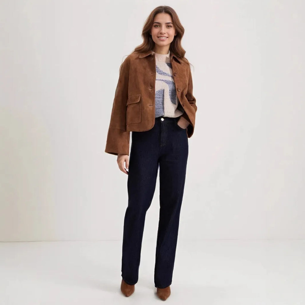 Chaqueta corta de ante con bolsillos frontales para mujer - Alenor