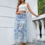 Falda midi para mujer denim con capas de tul y cordón decorativo - Julieta