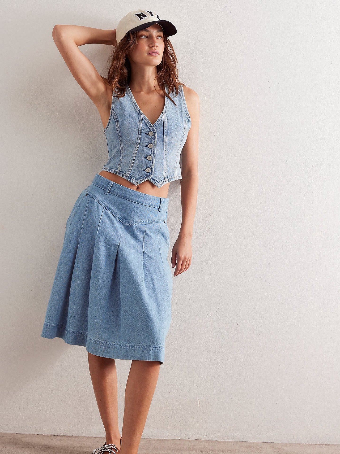 Chaleco mujer corto denim lavado estilo vintage - Celeste