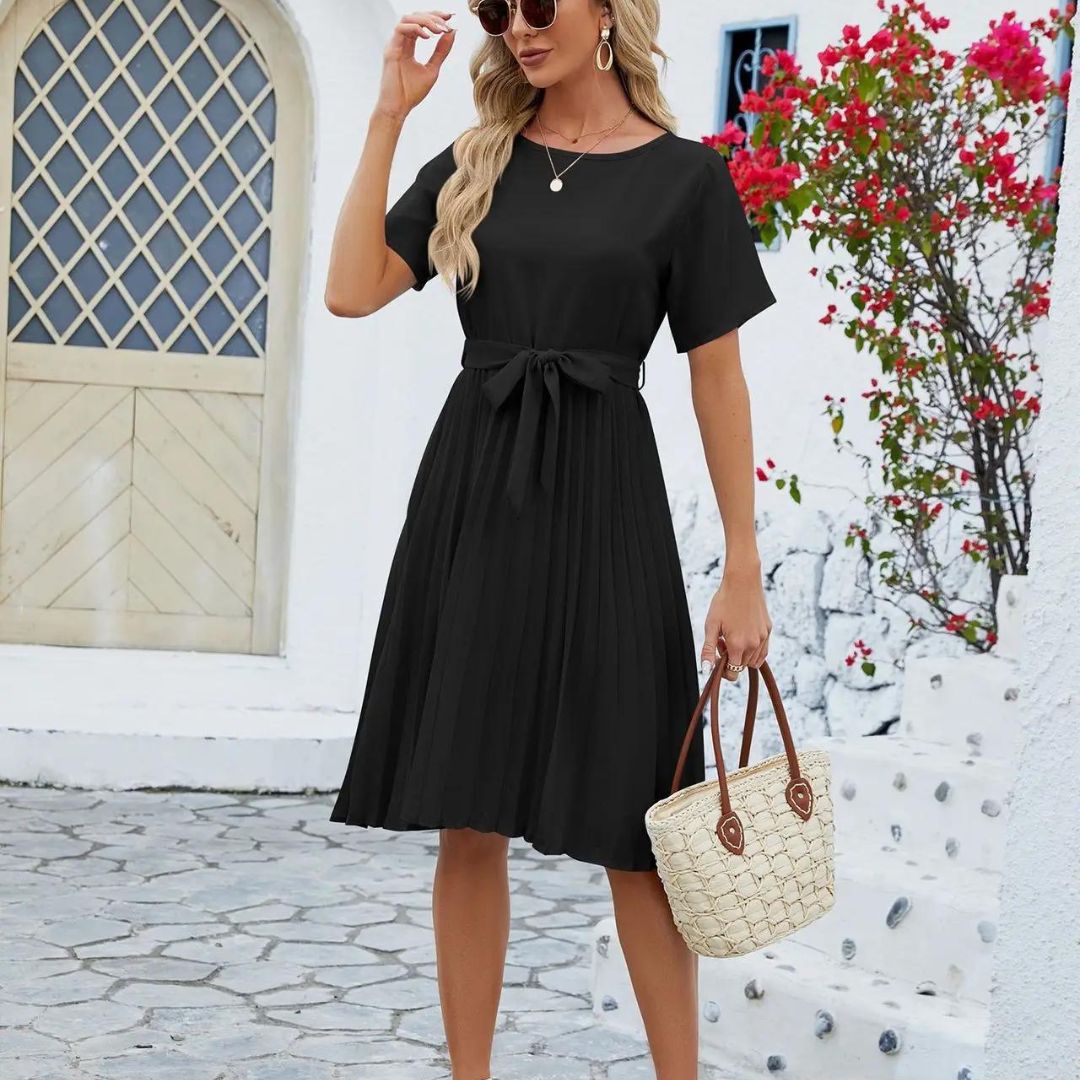 Isabella - Vestido midi plisado clásico con lazo en la cintura
