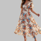 Mareina - Vestido midi floral con escote en V y manga corta