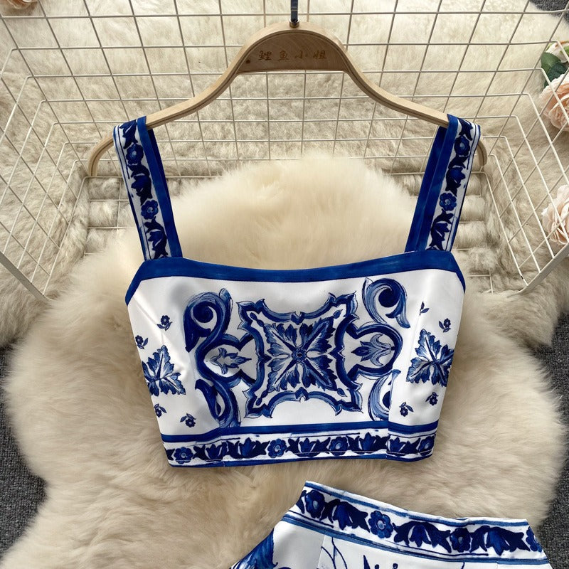 Conjunto de dos piezas para mujer con estampado barroco satinado estilo veraniego - Eleonora