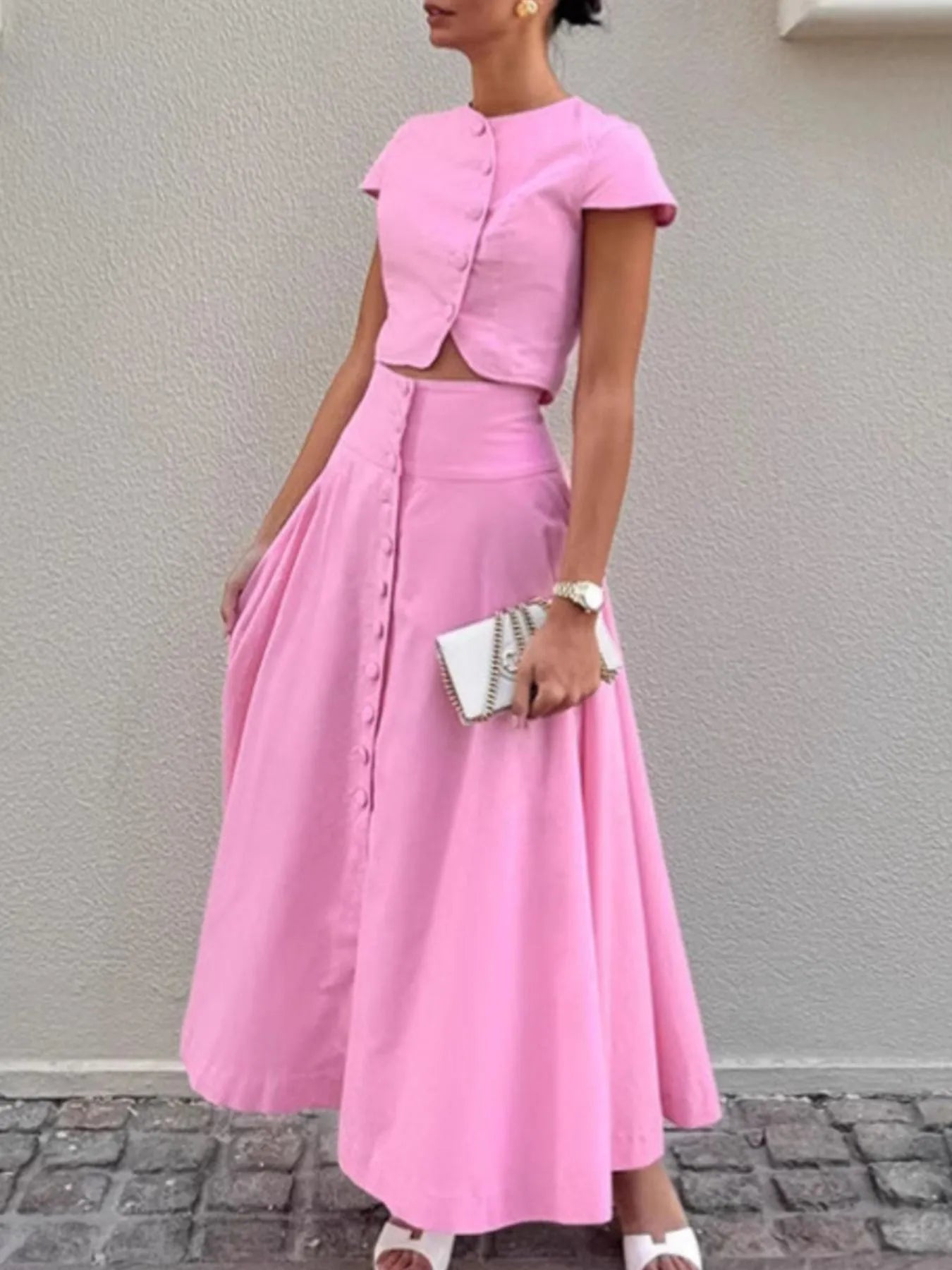 Conjunto mujer top manga corta y falda larga con botones - Sala