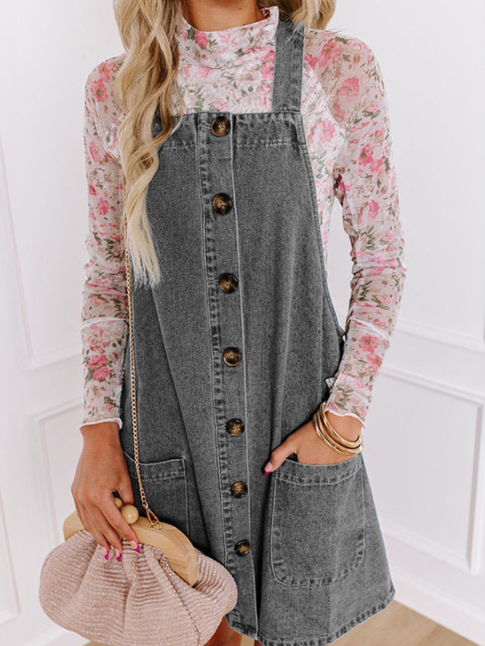 Ariane - Vestido peto vaquero con tirantes anchos y botones