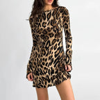 Anita - Vestido de manga larga y cuello redondo con estampado de leopardo