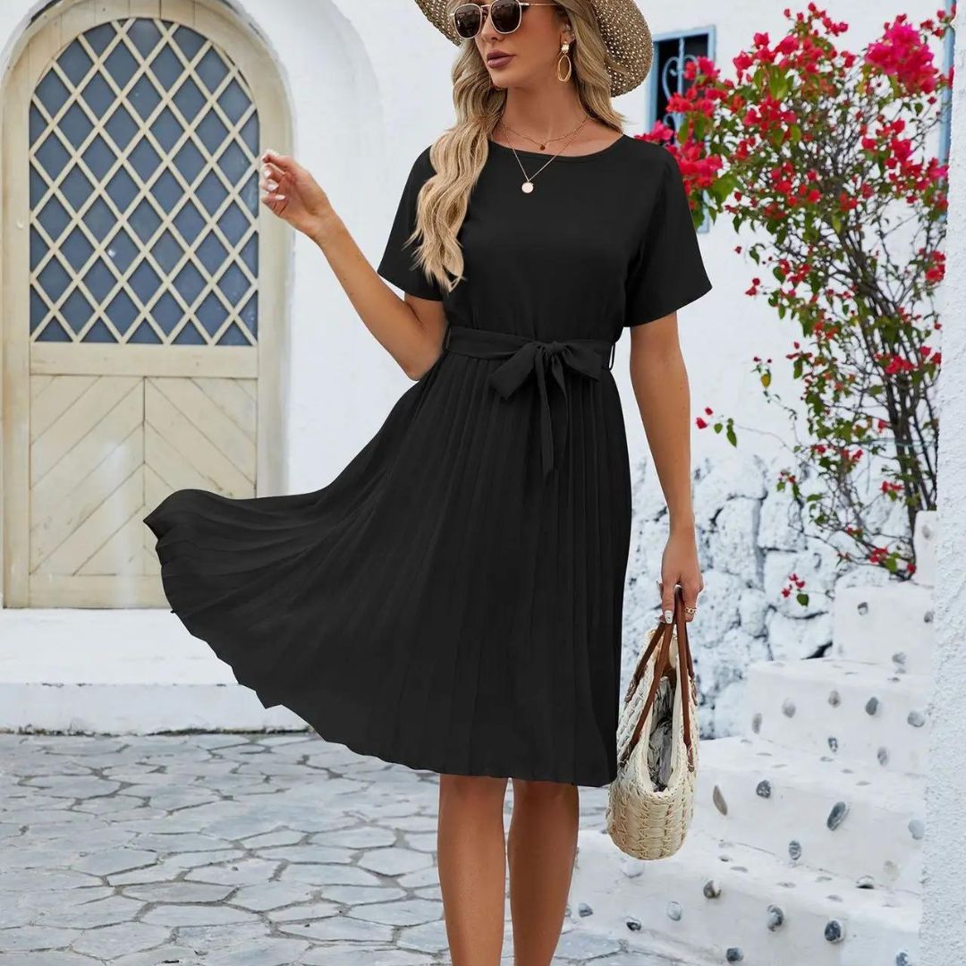 Isabella - Vestido midi plisado clásico con lazo en la cintura
