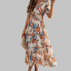 Mareina - Vestido midi floral con escote en V y manga corta