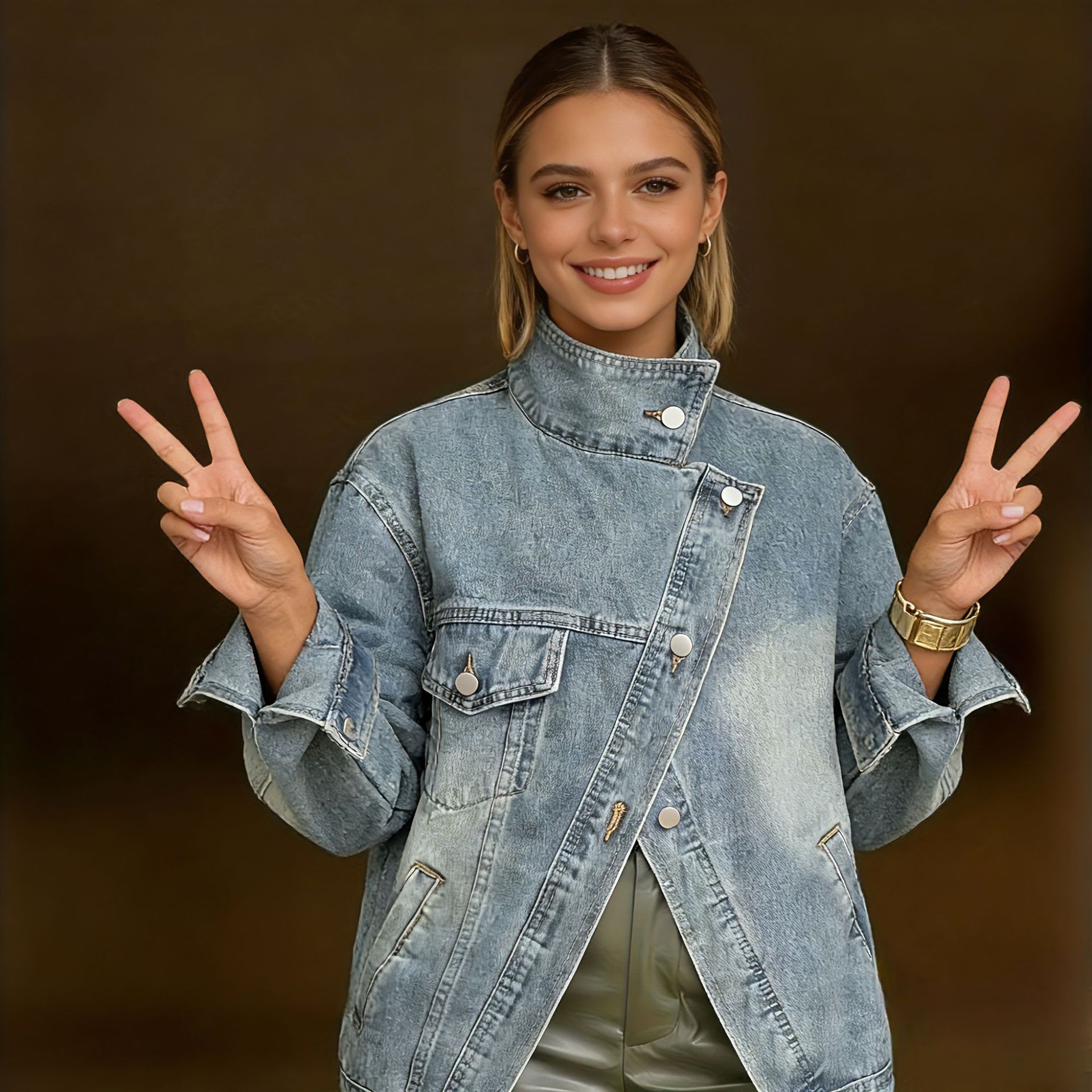 Chaqueta denim mujer oversize con cuello alto - Kaia